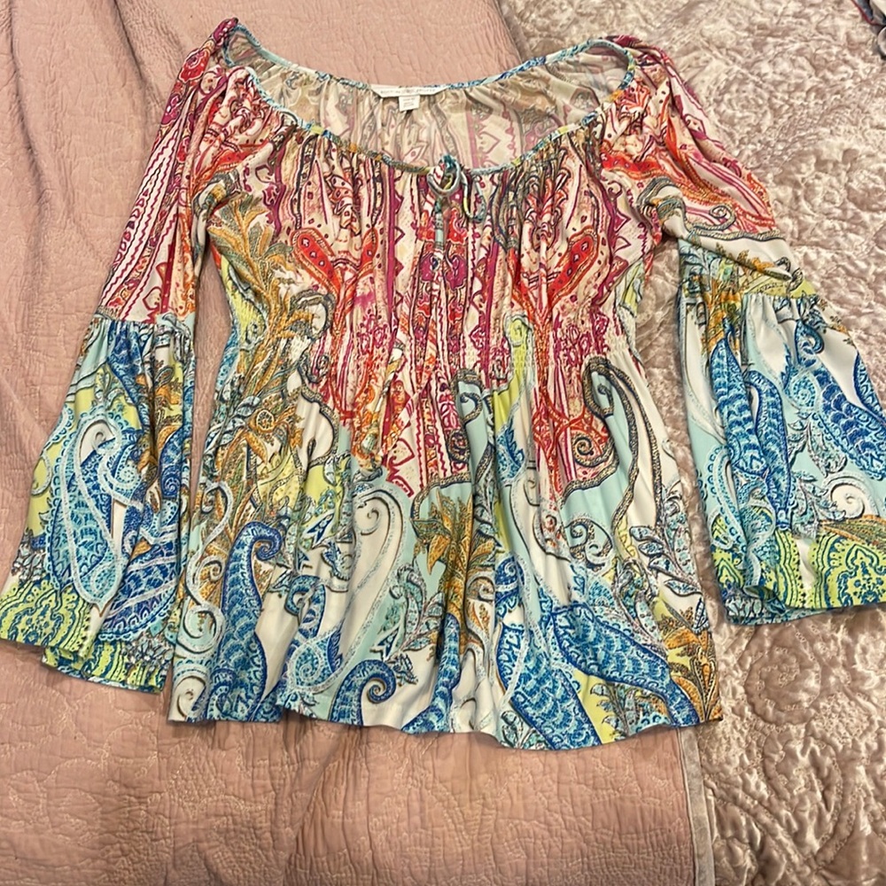 Boston Proper tunic keyhole tie top. Beautiful on! Bell sleeve.